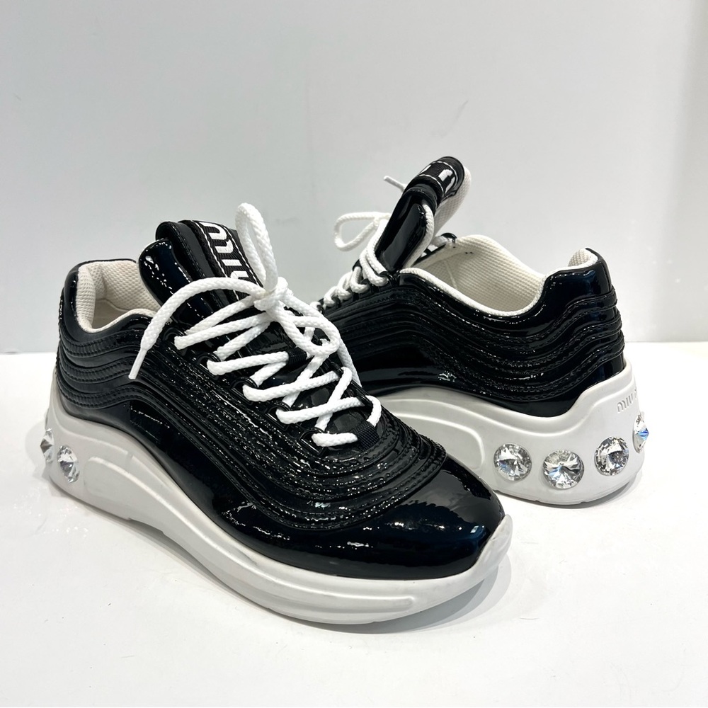 Miu Miu Patant Leather Jeweled embellished Platform Black Sneakers Size EU 35